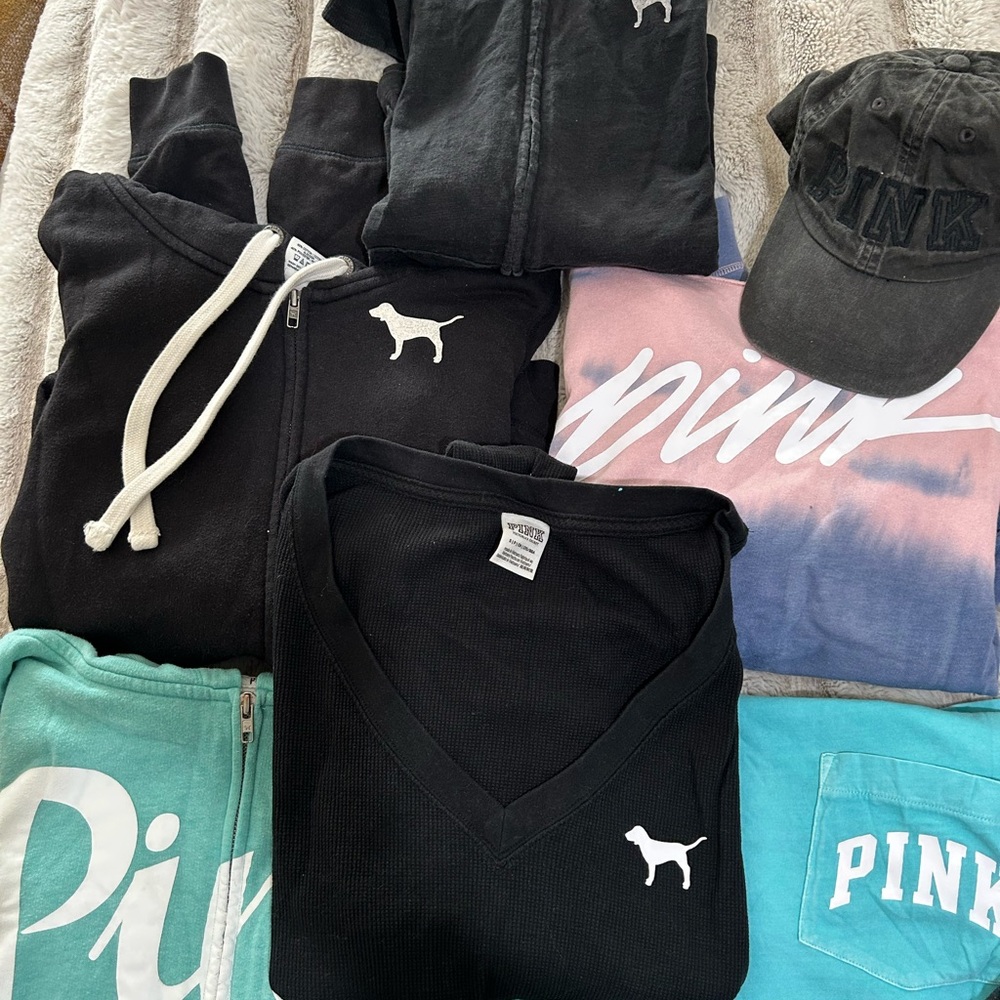 Lot of Pink sweatshirts and pants.. Size Small